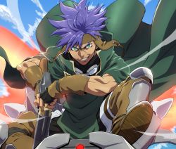 Rule 34 | &gt;:), 1boy, akimaru, boots, brown footwear, cape, day, green cape, green eyes, grin, gun, headband, highres, holding, holding gun, holding weapon, looking at viewer, male focus, outdoors, pixiv fantasia, pixiv fantasia age of starlight, purple hair, reloading, smile, solo, weapon