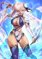 Rule 34 | 1girl, :d, asymmetrical hair, bare shoulders, blue eyes, blue one-piece swimsuit, blue thighhighs, boots, breasts, bun cover, caustics, cleavage, commentary request, cowboy shot, criss-cross halter, detached sleeves, fate/grand order, fate (series), fingernails, fur trim, glowing, hair between eyes, hair bun, halterneck, high collar, highres, holding, holding sword, holding weapon, large breasts, long fingernails, long hair, miyamoto musashi (fate), miyamoto musashi (fate/grand order), miyamoto musashi (swimsuit berserker) (fate), miyamoto musashi (swimsuit berserker) (third ascension) (fate), motion blur, narrow waist, nasaniliu, ocean, one-piece swimsuit, one eye closed, open mouth, outdoors, pink hair, see-through, single side bun, skindentation, sky, smile, solo, standing, swept bangs, swimsuit, sword, thigh boots, thighhighs, thighs, toned, toy sword, two-tone swimsuit, v-shaped eyebrows, weapon, white one-piece swimsuit, wide hips