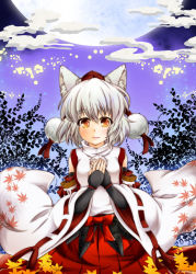 Rule 34 | 1girl, animal ears, blush, breasts, bridal gauntlets, detached sleeves, fingerless gloves, full moon, gloves, hand on own chest, hat, highres, inubashiri momiji, looking at viewer, minase tamaki, moon, open mouth, orange eyes, pom pom (clothes), ribbon-trimmed sleeves, ribbon trim, short hair, silver hair, solo, tokin hat, touhou, wolf ears