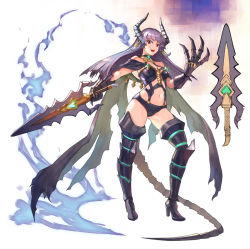 Rule 34 | 1girl, armor, bare shoulders, clawed gauntlets, demon girl, demon horns, demon tail, dragon girl, dragon horns, dragon tail, earrings, fake wings, gauntlets, gem, glowing, greaves, high heels, holding, holding sword, holding weapon, horns, jewelry, long hair, navel, open mouth, original, purple hair, red eyes, rein00, slit pupils, smile, solo, standing, sword, tail, teeth, tongue, tooth earrings, torn, torn clothes, upper teeth only, weapon, wings