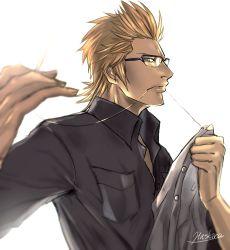 Rule 34 | 10s, 1boy, brown hair, dress shirt, final fantasy, final fantasy xv, glasses, hashira w, ignis scientia, male focus, mouth hold, needle, sewing, sewing needle, shirt, solo