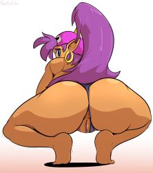Rule 34 | 1girl, anus, ass, barefoot, blue eyes, dark-skinned female, dark skin, davidsanchan, earrings, feet, female focus, highres, huge ass, jewelry, legs, long hair, looking at viewer, looking back, pointy ears, ponytail, purple hair, pussy, shantae, shantae (series), shantae and the pirate&#039;s curse, solo, squatting, thick thighs, thighs, uncensored, very long hair, white background, wide hips