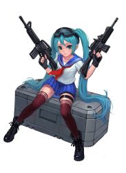 Rule 34 | 1girl, ankle boots, aqua eyes, aqua hair, assault rifle, black footwear, boots, combat boots, cross-laced footwear, fingerless gloves, fkey, full body, gloves, goggles, goggles on head, gun, hatsune miku, highres, holding, holding gun, holding weapon, lace-up boots, long hair, looking at viewer, m4 carbine, nail polish, rifle, school uniform, serafuku, simple background, sitting, skirt, solo, thigh strap, thighhighs, trigger discipline, twintails, very long hair, vocaloid, weapon, white background