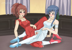 Rule 34 | 2girls, aoi nagisa, arm support, blue footwear, blue hair, blue necklace, blush, breasts, clothed sex, clothes lift, couple, dress, dress lift, eye contact, flower, green ribbon, hair bun, hair ornament, high heels, jewelry, leaning back, long hair, looking at another, medium breasts, multiple girls, necklace, no panties, pantyhose, pussy juice, red dress, red footwear, red hair, red necklace, red ribbon, ribbon, setrakian draws, shoes, single hair bun, strawberry panic!, suzumi tamao, torn clothes, torn legwear, tribadism, u00e9toile, uncensored, white dress, yuri