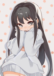 Rule 34 | 1girl, black hair, blush, closed mouth, grey background, grey eyes, grey sweater, groin, hair ornament, hairclip, hands on own face, hands up, highres, long hair, long sleeves, looking at viewer, no panties, original, out-of-frame censoring, polka dot, polka dot background, puffy long sleeves, puffy sleeves, sakurami sumi, simple background, sleeves past wrists, smile, solo, sweater, upper body, very long hair