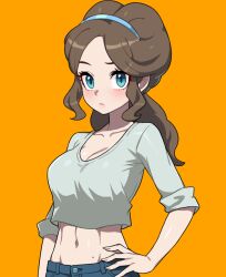 Rule 34 | 1girl, abs, aqua eyes, blue hairband, blush, breasts, brown hair, cleavage, closed mouth, collarbone, commentary, creatures (company), cropped shirt, drunkoak, eyelashes, game freak, hairband, hand on own hip, large breasts, long hair, looking at viewer, mature female, medium breasts, mole, mole on stomach, mother (pokemon), navel, nintendo, orange background, pants, parted bangs, pokemon, pokemon bw, shirt, simple background, solo, unova mother (bw)