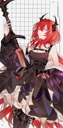 Rule 34 | 1girl, absurdres, arknights, bag, bare shoulders, black dress, chest strap, cowboy shot, cross, cross necklace, demon horns, dress, hair intakes, highres, holding, holding sword, holding weapon, horns, jewelry, necklace, purple eyes, red hair, red legwear, ribbon, roji (roji xx), simple background, surtr (arknights), sword, weapon, white background