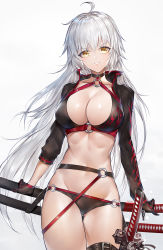 Rule 34 | 1girl, absurdres, ahoge, bikini, black bikini, black choker, black jacket, breasts, buckle, choker, cleavage, collarbone, commentary, cowboy shot, cropped jacket, fate/grand order, fate (series), flame print, floating hair, glint, grin, groin, hair between eyes, head tilt, high collar, highres, horz, jacket, jeanne d&#039;arc alter (swimsuit berserker) (fate), jeanne d&#039;arc (fate), jeanne d&#039;arc alter (fate), jeanne d&#039;arc alter (swimsuit berserker) (fate), katana, large breasts, legs together, long hair, long sleeves, looking at viewer, navel, o-ring, o-ring bikini, print jacket, scabbard, sheath, sheathed, shiny skin, shrug (clothing), sidelocks, signature, silver hair, simple background, smile, solo, standing, stomach, swimsuit, sword, thigh gap, thigh strap, very long hair, weapon, white background, yellow eyes