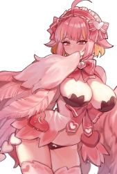Rule 34 | 1girl, ahoge, blonde hair, blush, breasts, cleavage, covering own mouth, feathered wings, feathers, hairband, harpy, heart, heart-shaped pupils, highres, jubjub (monster girl encyclopedia), large breasts, midriff, monster girl, monster girl encyclopedia, multicolored hair, panties, pink eyes, pink hair, pink theme, pink wings, rnskkn, short hair, simple background, solo, symbol-shaped pupils, underwear, white background, winged arms, wings