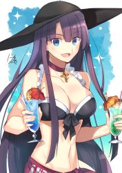 Rule 34 | 1girl, bare shoulders, bikini, blue eyes, breasts, choker, cleavage, cup, drinking glass, fate/grand order, fate (series), frills, hat, highres, jewelry, martha (fate), martha (swimsuit ruler) (fate), martha (swimsuit ruler) (first ascension) (fate), navel, necklace, nikame, purple hair, rosary, solo, swimsuit, umbrella