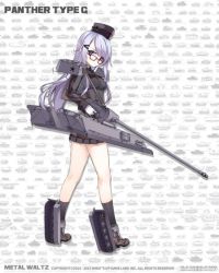 Rule 34 | 1girl, cannon, glasses, gloves, hat, long hair, mecha musume, military, military hat, military uniform, official art, panther ausf g (panzer waltz), panzer waltz, personification, pleated skirt, purple eyes, purple hair, silver hair, skirt, solo, tama (tamatamo), thighs, uniform