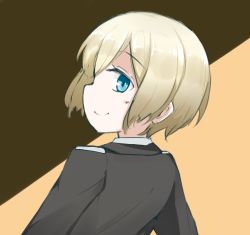 Rule 34 | 1girl, bad id, bad pixiv id, blonde hair, blue eyes, bob cut, erica hartmann, highres, looking back, military, military uniform, seedflare, short hair, sideways mouth, smile, solo, strike witches, uniform, world witches series