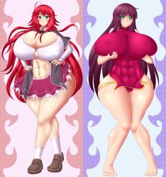 Rule 34 | 10s, 2girls, abs, ahoge, aqua eyes, breast lift, breasts, chinese clothes, cleavage, crossover, curvy, full body, green eyes, hands on own hips, high school dxd, highres, huge breasts, jcdr, long hair, multiple girls, purple hair, red hair, rias gremory, seiken tsukai no world break, standing, urushibara shizuno, wide hips