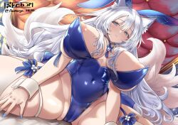 1girl animal_ear_fluff animal_ears aonaga_heri areola_slip artist_name azur_lane blue_leotard blue_nails breasts collar commission fake_animal_ears fox_ears fox_girl fox_tail huge_breasts kitsune kyuubi large_tail leotard long_hair looking_at_viewer multiple_tails nail_polish official_alternate_costume playboy_bunny puffy_nipples rabbit_ears shinano_(azur_lane) shinano_(visions_of_fantasy)_(azur_lane) sitting skeb_commission solo spread_legs tail thighhighs undersized_breast_cup very_long_hair white_collar white_hair white_tail white_thighhighs white_wrist_cuffs wrist_cuffs