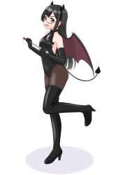 Rule 34 | 1girl, alternate costume, bat wings, black gloves, black hair, black leotard, black pantyhose, black thighhighs, boots, breasts, cleavage cutout, clothing cutout, demon girl, demon horns, demon tail, demon wings, elbow gloves, fake horns, full body, geometrie, gloves, green eyes, horns, kantai collection, leotard, long hair, looking at viewer, ooyodo (kancolle), pantyhose, pointer, semi-rimless eyewear, simple background, small breasts, solo, tail, thigh boots, thighhighs, under-rim eyewear, white background, wings