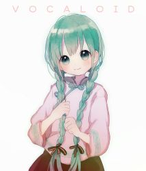 Rule 34 | 1girl, alternate hairstyle, bad id, bad pixiv id, braid, copyright name, green eyes, green hair, hatsune miku, head tilt, highres, indigopp, light smile, matching hair/eyes, simple background, solo, twin braids, twintails, vocaloid, white background