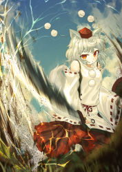 Rule 34 | 1girl, absurdres, animal ears, blue sky, cloud, commentary request, day, debris, detached sleeves, ekaapetto, expressionless, fang, fang out, grass, hat, high collar, highres, inubashiri momiji, lightning, looking at viewer, motion blur, motion lines, outdoors, pom pom (clothes), red eyes, red hat, red skirt, ribbon-trimmed sleeves, ribbon trim, rope belt, short hair, silver hair, skirt, sky, slashing, solo, standing, sword, tail, tokin hat, touhou, weapon, wolf ears, wolf tail