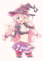 Rule 34 | 1girl, belt, black jacket, blue eyes, bra, breasts, cleavage, collar, cowboy shot, cropped jacket, earrings, frilled skirt, frills, hair ornament, hair scrunchie, hat, heart, heart hair ornament, highres, jacket, jewelry, magic, medium breasts, midriff, miniskirt, navel, one eye closed, open mouth, original, pink bra, pink collar, pink hair, pink skirt, polka dot, polka dot scrunchie, ring, scrunchie, skirt, smile, solo, striped clothes, striped thighhighs, thighhighs, tsunoji, underwear, witch hat