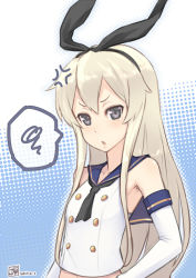 Rule 34 | 10s, 1girl, anger vein, bad id, bad pixiv id, bare shoulders, black neckerchief, blonde hair, breasts, dan (kumadan), elbow gloves, flat chest, gloves, grey eyes, hair ribbon, halftone, halftone background, kantai collection, long hair, looking at viewer, neckerchief, open mouth, ribbon, school uniform, serafuku, shimakaze (kancolle), small breasts, solo, spoken squiggle, squiggle, upper body, very long hair, white gloves