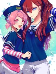 Rule 34 | 2boys, absurdres, blue eyes, dixie cup hat, hair ribbon, hat, highres, king of prism, king of prism by prettyrhythm, looking at viewer, male focus, military hat, multiple boys, pink eyes, ponytail, pretty rhythm, pretty series, red hair, ribbon, sailor, sailor hat, saionji leo, short shorts, short twintails, shorts, tachibana yukinojou, teruteru-san, twintails, white shorts