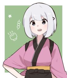 Rule 34 | 1girl, :d, apron, black apron, blush, commentary, green background, grey eyes, grey hair, hand on own hip, highres, japanese clothes, kimono, looking at viewer, obi, open mouth, original, pink kimono, poyo party, sash, short sleeves, smile, solo, star (symbol), symbol-only commentary, tasuki, teeth, two-tone background, upper teeth only, waist apron, white background, wide sleeves