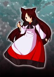 Rule 34 | 1girl, animal ears, aonoriwakame, brooch, brown hair, cape, dress, fingernails, imaizumi kagerou, jewelry, long hair, nail polish, red eyes, red nails, smile, solo, touhou, very long hair, wolf ears