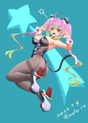 Rule 34 | 1girl, ahoge, alternate breast size, animal ears, ass, bell, black leotard, blue background, bow, bowtie, breasts, cat ears, cat tail, commentary request, dated, detached collar, double v, fang, fishnet pantyhose, fishnets, gradient hair, green hair, grey pantyhose, jingle bell, kantai collection, kittysuit, leotard, long hair, looking at viewer, looking back, medium breasts, moke ro, momo (kancolle), multicolored hair, nontraditional playboy bunny, pantyhose, pink hair, rabbit tail, red bow, red bowtie, red eyes, rudder footwear, solo, strapless, strapless leotard, tail, thighband pantyhose, twintails, twitter username, v, wrist cuffs