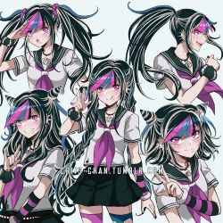 Rule 34 | 1girl, :o, \m/, asymmetrical legwear, black hair, black nails, black scrunchie, black skirt, blue hair, blush, breasts, collarbone, commentary, criis-chan, danganronpa (series), danganronpa 2: goodbye despair, ear piercing, grin, hair horns, jewelry, lip piercing, long hair, looking at viewer, mioda ibuki, mismatched legwear, multicolored hair, nail polish, neckerchief, necklace, open mouth, piercing, pink eyes, pink hair, pleated skirt, ponytail, sailor collar, school uniform, scrunchie, serafuku, shirt, short sleeves, simple background, skirt, small breasts, smile, symbol-only commentary, teeth, thighhighs, tongue, tongue out, torn clothes, twintails, upper teeth only, w, white hair, white shirt, wrist scrunchie