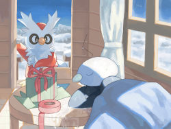 Rule 34 | bird, black eyes, blanket, box, bright pupils, christmas, closed eyes, closed mouth, commentary request, creatures (company), curtains, day, delibird, eiscue, eiscue (noice), closed eyes, game freak, gen 2 pokemon, gen 8 pokemon, gift, gift box, happi xfyg, nintendo, no humans, pokemon, pokemon (creature), red ribbon, ribbon, signature, sky, sleeping, smile, snow, table, u u, water, wet, white pupils, window, wooden floor