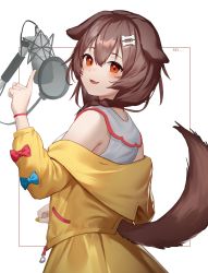 Rule 34 | 1girl, animal ears, blush, bone hair ornament, brown hair, cine (wazd0183), clothing cutout, dog ears, dog girl, dog tail, hair between eyes, hair ornament, highres, hololive, index finger raised, inugami korone, inugami korone (1st costume), jacket, long hair, long sleeves, microphone, off shoulder, open mouth, red eyes, shirt, skirt, smile, solo, tail, tail through clothes, virtual youtuber, white shirt, yellow jacket, yellow skirt