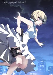 Rule 34 | 1girl, absurdres, alternate costume, armpit peek, bare shoulders, blue eyes, breasts, building, city, cityscape, crescent moon, dress, earrings, formal, girls und panzer, grabbing, grabbing another&#039;s breast, grey hair, gun, hair ornament, handgun, highres, holding, holding gun, holding weapon, inoue yoshihisa, jewelry, lahti l35, moon, night, night sky, official alternate costume, pouch, short hair, signature, sky, skyscraper, spy, star (sky), starry sky, strapless, strapless dress, thigh pouch, thigh strap, twitter username, weapon, weapon case, white dress, youko (girls und panzer)