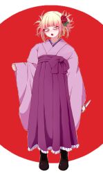 Rule 34 | 1girl, alternate costume, blonde hair, blunt bangs, blush, boku no hero academia, boots, double bun, flower, hair bun, hair flower, hair ornament, hakama, hakama skirt, highres, holding, holding knife, holding weapon, japanese clothes, knife, messy hair, okumari, skirt, solo, standing, teeth, toga himiko, upper teeth only, weapon, yellow eyes
