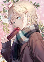 Rule 34 | 1girl, black sweater, blonde hair, blue eyes, box, brown jacket, closed mouth, commentary, earrings, floral background, fringe trim, gift, gift box, hand up, heart, heart earrings, highres, holding, holding gift, hyuuga azuri, jacket, jewelry, looking at viewer, open clothes, open jacket, original, pink background, ribbed sweater, ring, scarf, short hair, sleeves past wrists, smile, solo, sweater, symbol-only commentary, upper body