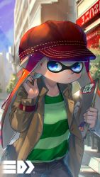 Rule 34 | 1girl, :/, bad id, bad twitter id, black pants, blue eyes, blue sky, blunt bangs, brown jacket, buckle, building, closed mouth, collared jacket, commentary request, cowboy shot, day, expressionless, green shirt, hand up, hat, highres, holding, inkling, inkling (language), inkling girl, inkling player character, jacket, kashu (hizake), light particles, light rays, long hair, long sleeves, looking at viewer, monster girl, nintendo, open clothes, open jacket, orange hair, outdoors, pants, pointy ears, railing, red hat, shirt, shirt tucked in, sky, solo, splatoon (series), splatoon 2, standing, striped clothes, striped shirt, sunlight, tentacle hair, tree