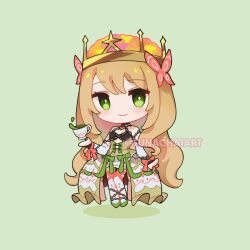 Rule 34 | 1girl, bare shoulders, blonde hair, bow, butterfly hair ornament, celine (fire emblem), chibi, closed mouth, crown, cup, dress, dress bow, fire emblem, fire emblem engage, full body, green bow, green eyes, green footwear, hair ornament, highres, long hair, looking at viewer, lunachaili, nintendo, orange bow, smile, solo, teacup, twitter username, very long hair, wrist bow