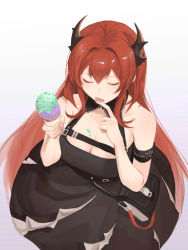Rule 34 | 1girl, :p, arknights, armband, bare arms, bare shoulders, black dress, breasts, cleavage, closed eyes, commentary request, dress, food, gradient background, grey background, hair between eyes, hands up, holding, holding food, horns, ice cream, long hair, olin (nienxddd), purple background, red hair, sleeveless, sleeveless dress, solo, surtr (arknights), tongue, tongue out, very long hair