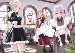 Rule 34 | 3girls, alternate costume, artoria pendragon (all), artoria pendragon (fate), black dress, blonde hair, blush, boots, braid, breasts, cross-laced footwear, cup, dress, earrings, enmaided, ereshkigal (fate), fate/grand order, fate/stay night, fate (series), french braid, grey dress, hair bun, hair ribbon, high heel boots, high heels, highres, jewelry, kama (fate), lace-up boots, large breasts, long hair, long sleeves, looking at viewer, maid, maid headdress, medium breasts, meltymaple, multiple girls, parfait, parted bangs, puffy short sleeves, puffy sleeves, red dress, red eyes, ribbon, saber alter, short sleeves, silver hair, single hair bun, tray, two side up