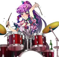 Rule 34 | 1girl, adapted costume, blush, bottle, bow, breasts, cleavage, crescent, crescent hair ornament, cymbals, drooling, drum, drumsticks, drunk, female focus, hair bow, hair ornament, instrument, long hair, looking at viewer, motion blur, multi-tied hair, necktie, no headwear, patchouli knowledge, pikoring, ponytail, purple eyes, purple hair, simple background, solo, touhou, twintails, white background