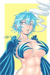 Rule 34 | 1girl, blue feathers, blue hair, breasts, cigarette, feathered wings, feathers, hair between eyes, harpy, highres, large breasts, long hair, maria (zippedsquire), monster girl, navel, open mouth, orange eyes, original, smoke, smoking, solo, two-tone background, white background, winged arms, wings, yellow background, zippedsquire