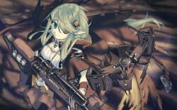 Rule 34 | 1girl, android, anti-materiel rifle, arigatoner, black cape, black capelet, black sclera, bolt action, brown shirt, brown skirt, cape, capelet, closed mouth, colored sclera, drone, film grain, framed breasts, from above, girls&#039; frontline, green eyes, green hair, gun, hair ornament, hair over one eye, hairclip, halloween, heterochromia, highres, holding, holding weapon, long hair, looking to the side, mcmillan tac-50, mismatched sclera, official alternate costume, pointy ears, rifle, scope, shirt, skirt, sniper rifle, solo, tac-50 (elf helsing) (girls&#039; frontline), tac-50 (girls&#039; frontline), trigger discipline, very long hair, weapon, yellow eyes