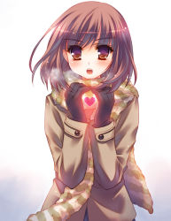 Rule 34 | 1girl, blush, breath, brown eyes, brown hair, coat, gloves, gradient background, hal, hands up, heart, long sleeves, looking at viewer, open mouth, original, scarf, short hair, simple background, solo, striped clothes, striped scarf, yasaka minato