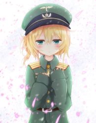 Rule 34 | 10s, 1girl, absurdres, aqua eyes, belt, belt buckle, blonde hair, blush, buckle, buttons, cherry blossoms, coat, commentary request, cross, emblem, falling petals, green coat, hair between eyes, hat, highres, jewelry, long sleeves, looking away, messy hair, military, military hat, military uniform, oversized clothes, pendant, petals, ponytail, pout, sleeves past wrists, solo, sweatdrop, tanya degurechaff, uniform, yamiarisu, youjo senki