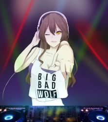 Rule 34 | 10s, 1girl, admiral-udon, ashigara (kancolle), casual, clothes writing, dj, edm, headphones, kantai collection, laser, led, md5 mismatch, one eye closed, phonograph, solo, spotlight, turn up, turntable, udon-udon