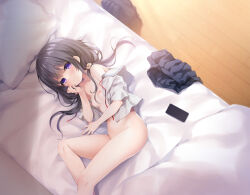 Rule 34 | 1girl, bag, bed, black hair, blush, bottomless, breasts, cellphone, closed mouth, collarbone, comiket 103, commentary request, fummy, hair between eyes, hair ornament, highres, long hair, navel, original, petite, phone, pillow, purple eyes, school uniform, small breasts, smile, solo