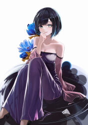 Rule 34 | 1girl, absurdres, anizi, bare shoulders, black footwear, blue hair, blush, breasts, cleavage, collarbone, commentary, detached sleeves, dress, flower, full body, hand to own mouth, high heels, highres, kurokawa akane, long sleeves, looking at viewer, medium breasts, mismatched pupils, notepad, off-shoulder dress, off shoulder, open mouth, oshi no ko, partially submerged, purple dress, see-through, see-through dress, see-through silhouette, short hair, sidelocks, smile, solo, star-shaped pupils, star (symbol), strapless, strapless dress, swept bangs, symbol-shaped pupils, teeth, upper teeth only, white background, wide sleeves