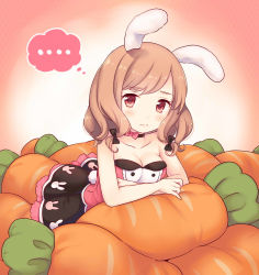 Rule 34 | ..., 1girl, 3:, animal ears, animal print, bad id, bad pixiv id, bare arms, bare shoulders, blush, breasts, brown hair, carrot-shaped pillow, choker, cleavage, commentary request, crossed arms, dress, hair ribbon, highres, looking at viewer, maki (natoriumu), md5 mismatch, medium breasts, multicolored clothes, multicolored dress, original, print dress, rabbit ears, rabbit print, red eyes, ribbon, simple background, sleeveless, sleeveless dress, solo, strapless, strapless dress, tress ribbon