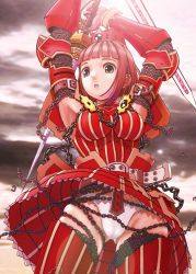 Rule 34 | 1girl, armor, armored dress, armpits, brown hair, capcom, chain, green eyes, highres, monster hunter (series), panties, pantyshot, revision, solo, sword, teostra (armor), thighhighs, underwear, upskirt, v-mag, weapon, white panties, wind, wind lift