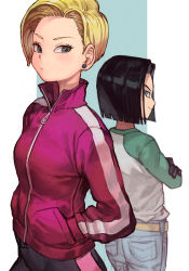 Rule 34 | 1boy, 1girl, android 17, android 18, black gloves, black hair, blonde hair, blue eyes, brother and sister, crossed arms, denim, dragon ball, dragon ball super, dragon ball super super hero, earrings, gloves, hands in pockets, hungry clicker, jacket, jeans, jewelry, looking at viewer, pants, pink jacket, short hair, siblings, simple background, smile