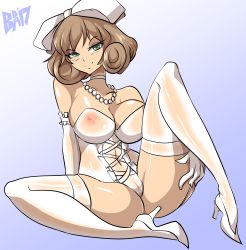 Rule 34 | 10s, 1girl, absurdres, arm support, artist name, bare shoulders, bigdead, blue background, blush, bow, breasts, brown hair, choker, cleft of venus, collarbone, corset, dated, elbow gloves, female focus, full body, garter straps, gloves, gradient background, green eyes, hair bow, hair ornament, half-closed eyes, haruka (senran kagura), high heels, highres, jewelry, large breasts, leotard, looking at viewer, navel, necklace, nipples, pearl necklace, pussy, see-through, senran kagura, shiny skin, shoes, short hair, simple background, sitting, smile, solo, spread legs, strapless, strapless leotard, thighhighs, uncensored, watermark, white bow, white footwear, white gloves, white leotard, white thighhighs