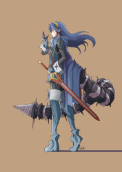 Rule 34 | 1girl, automatic giraffe, blue gloves, blue hair, brown background, commentary, drill, english commentary, falchion (fire emblem), fingerless gloves, fire emblem, fire emblem awakening, floating hair, from side, gloves, gold hairband, hairband, holding, holding mask, holding sword, holding weapon, long hair, lucina (fire emblem), mask, mechanical tail, nintendo, red eyes, sheath, sheathed, signature, solo, sword, tail, walking, weapon